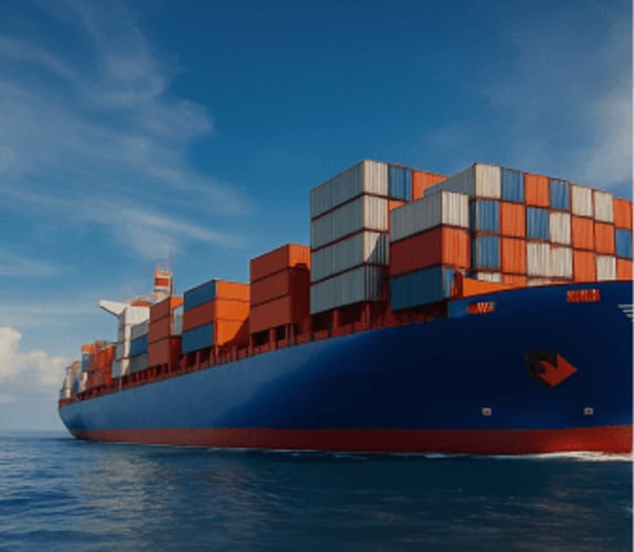 A loaded container ship under way at sea