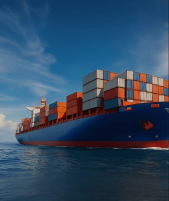 A container ship under way at sea